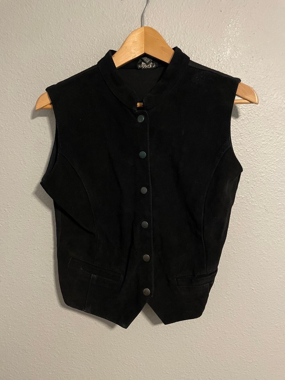 Vintage Passport Vest Juniors Small Black Genuine Leather Snap Front Western 90s
